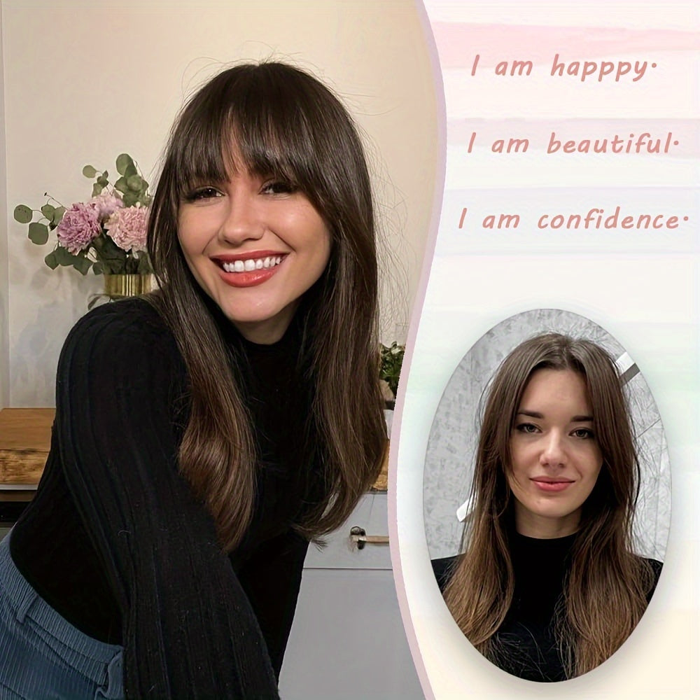 Elegant Clip-In Bangs for Women, 360° Coverage Blonde Hair Extensions with Dark Roots, French Style Straight Hair Bangs for Daily Wear, Hairpieces