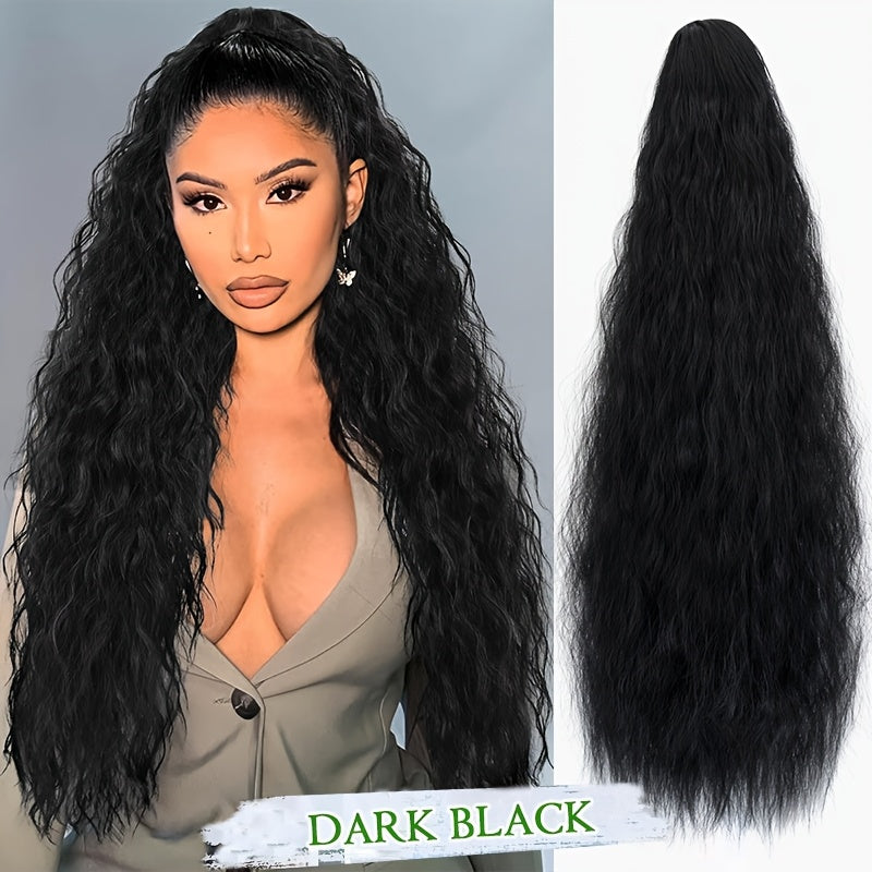 Extra Long Ponytail Extension 81.28 cm Deep Wavy Curly Drawstring Pony Tail Extensions Softer Fluffy Synthetic Clip In Hair Extensions Brown Blonde Highlight Hairpiece For Women Daily Halloween Use Part