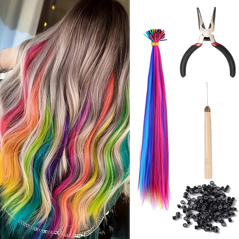 20-100pcs Mixed Color Rainbow Hair Extensions 16 Inch Rainbow Color Synthetic Hair Extensions Long Colored with Beads And Loop Tool for Hair Extension for Women Girls DIY Kit Holiday Party Use