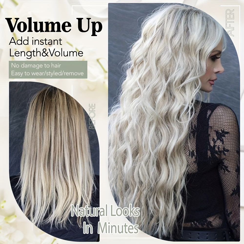 60.96 cm Clip In Hair Extensions 4pcs Long Curly Wavy Thick Highlighted Clip In Hairpieces Synthetic Hair Extension For Women Daily Halloween Use, Dark Ash Blonde Mixed Bleach Blonde, Black Balayage