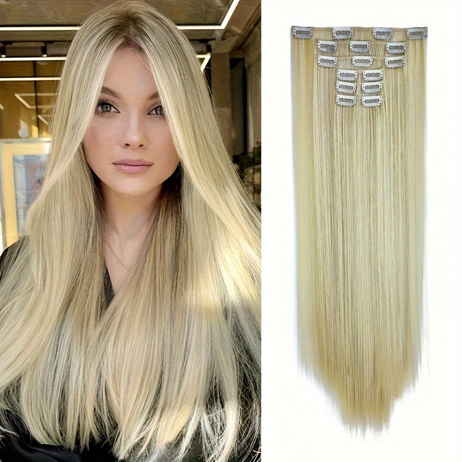 Thick Long Clip In Hair Extensions, Lightweight Synthetic Hairpieces For Women, Chocolate Brown With Golden Blonde Highlights, Hair Clips Hair Accessories