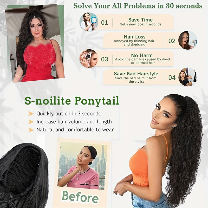 Extra Long Ponytail Extension 81.28 cm Deep Wavy Curly Drawstring Pony Tail Extensions Softer Fluffy Synthetic Clip In Hair Extensions Brown Blonde Highlight Hairpiece For Women Daily Halloween Use Part
