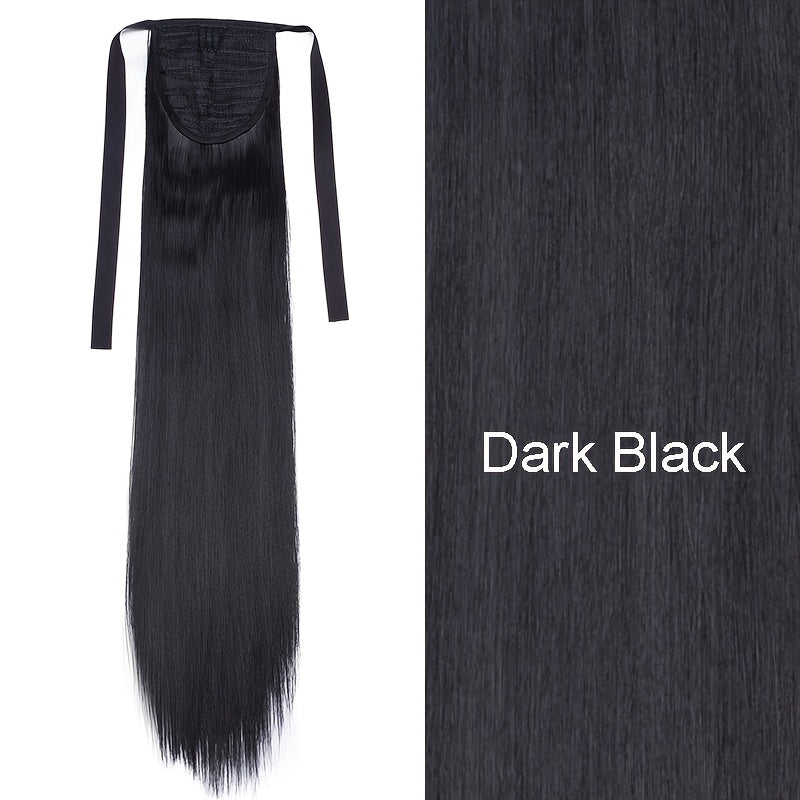Long Soft Tie Up Ponytail Straight Hair Piece Clip In Hair Extensions 22inch/55cm Wrap Around Binding Pony Tail Hairpiece Drawstring Pony Tails for Women Party Festival Christmas Halloween Daily Use
