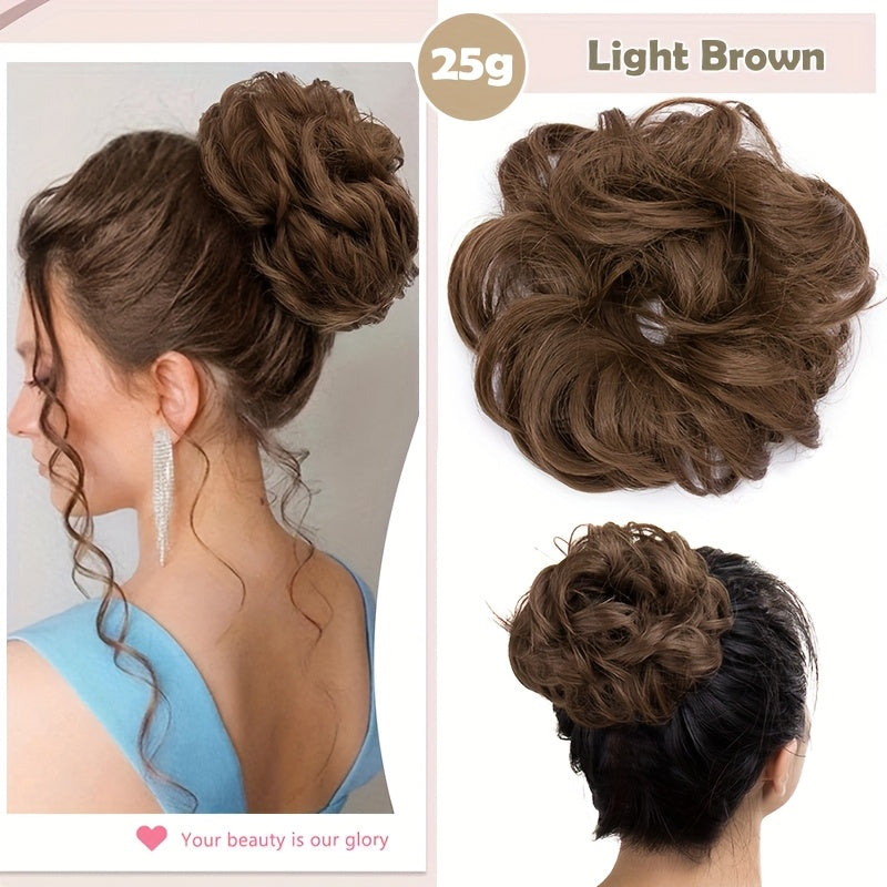 Heat-Resistant Synthetic Fiber Messy Bun Short Curly Ponytail Extension with Elastic Band - Secure Clip-In Hairpiece for Women with Thinning Hair, Natural Volume & Warm Brown/Blonde/Black/Red/Beige/Champagne Blonde Options, Hair Accessories