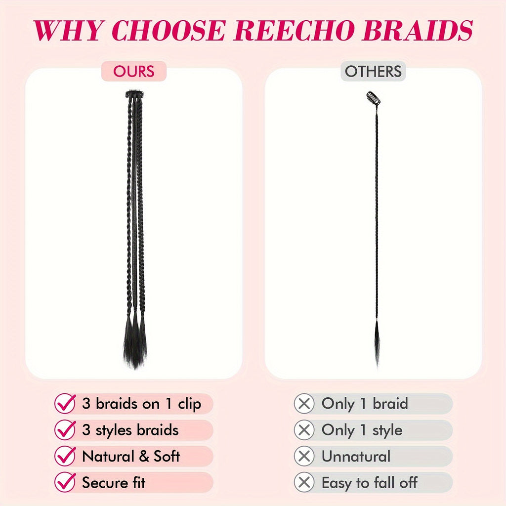 Braid Hair Extensions, 3pcs Clip in Hair Extensions Baby Braids, 3 Braids on One Clip 6 Braids Total, 22" Long Natural Soft Synthetic Hairpieces for Women