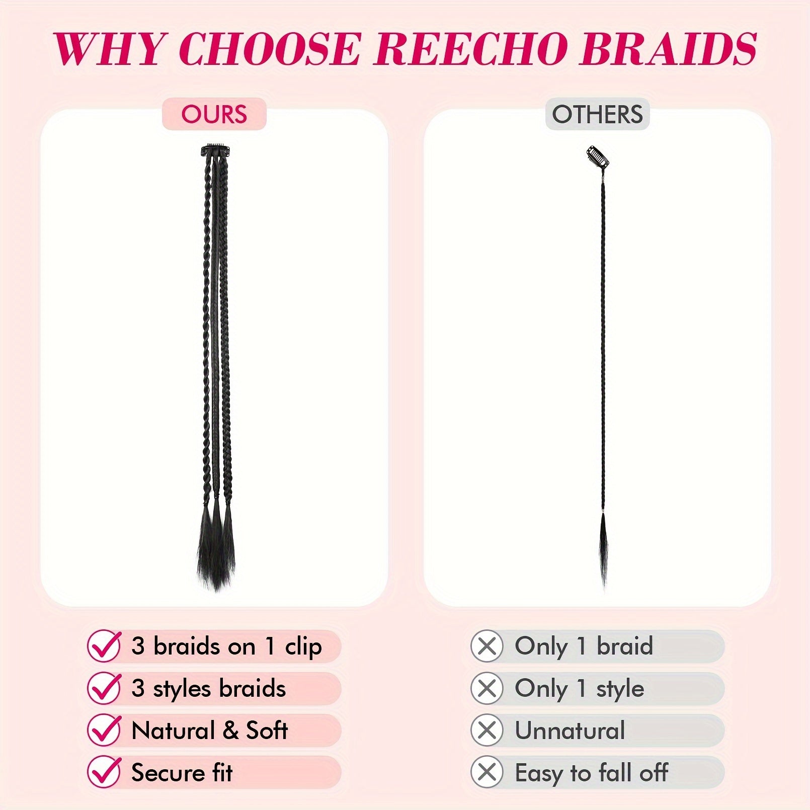Braid Hair Extensions, 3pcs Clip in Hair Extensions Baby Braids, 3 Braids on One Clip 6 Braids Total, 22" Long Natural Soft Synthetic Hairpieces for Women