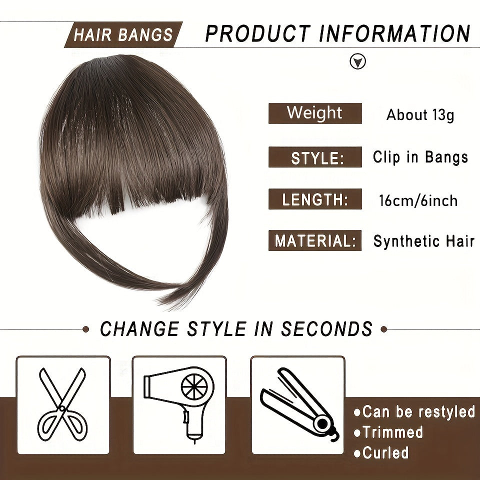 Women's Clip-In Synthetic Hair Bangs Extensions - Straight Hair Fringe with Volume Boost Hairpieces, Easy to Wear for All Occasions, Basics Style in Brown