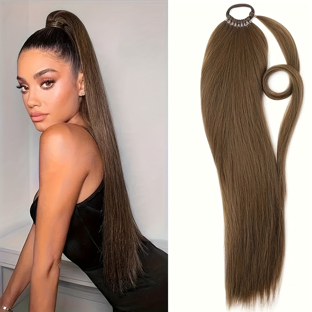 24-Inch Yaki Straight Braiding Hair Ponytail Extension - Wrap Around Long Straight Ponytail with Versatile Elastic Bands for Women, High-Temperature Fiber, Basic Style, Hair Extension for Women
