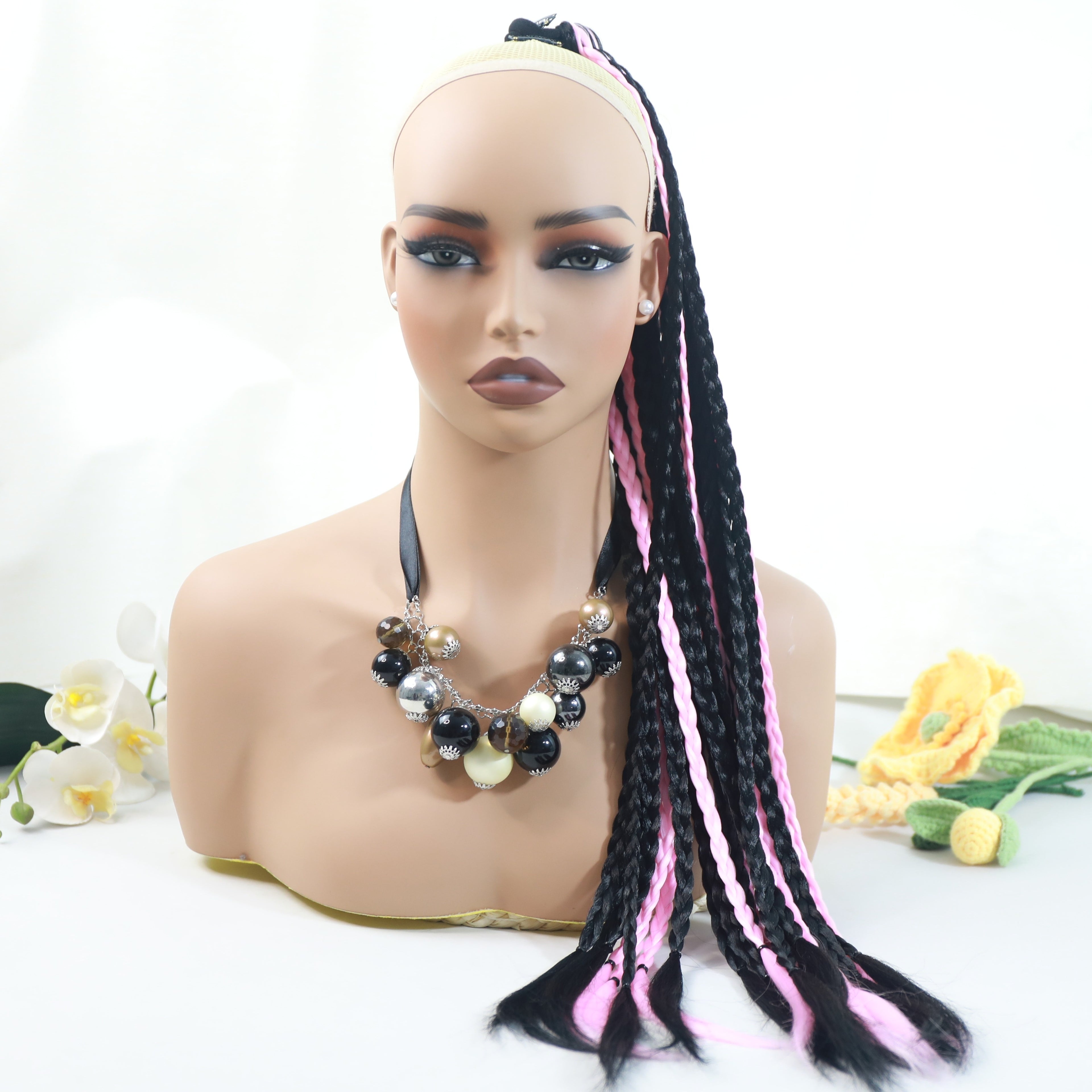 Y2K-Inspired Colorful Braided Hair Extensions with Elastic Bands - 24" Synthetic Ponytail for Women, Perfect for Street Dance & Music Festivals
