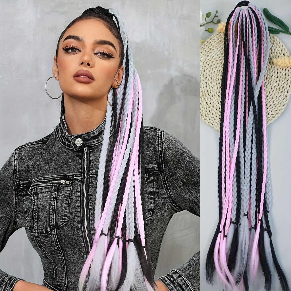 Y2K-Inspired Colorful Braided Hair Extensions with Elastic Bands - 24" Synthetic Ponytail for Women, Perfect for Street Dance & Music Festivals
