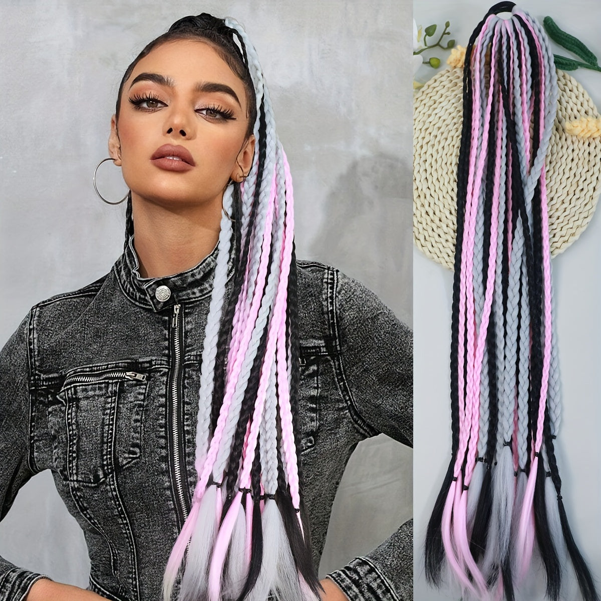 Y2K-Inspired Colorful Braided Hair Extensions with Elastic Bands - 24" Synthetic Ponytail for Women, Perfect for Street Dance & Music Festivals