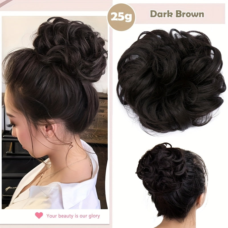 Heat-Resistant Synthetic Fiber Messy Bun Short Curly Ponytail Extension with Elastic Band - Secure Clip-In Hairpiece for Women with Thinning Hair, Natural Volume & Warm Brown/Blonde/Black/Red/Beige/Champagne Blonde Options, Hair Accessories