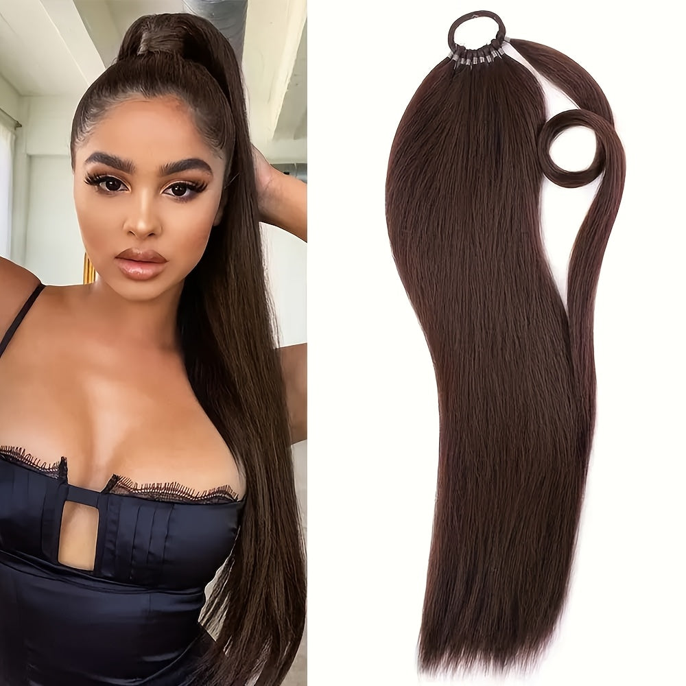 24-Inch Yaki Straight Braiding Hair Ponytail Extension - Wrap Around Long Straight Ponytail with Versatile Elastic Bands for Women, High-Temperature Fiber, Basic Style, Hair Extension for Women