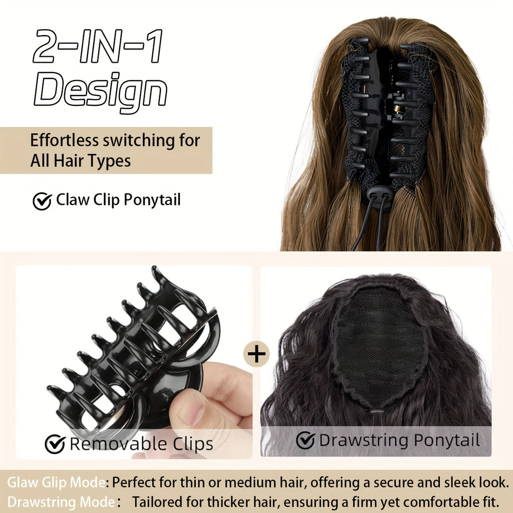 YUSULAXI 28" Ombre Claw Clip Ponytail Extension - Water Wave Synthetic Hairpiece in Light Brown, Heat-Resistant Fiber for Women with Short Hair, Daily Use Accessory, Ponytail Hair Extensions, Versatile Hairpiece, Secure Claw Attachment