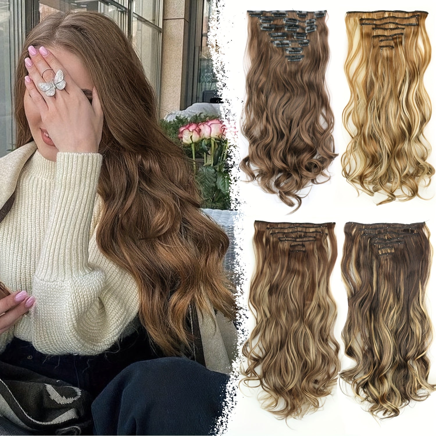 Wig Clip In Hair Extensions for Women 16 Clip Curly Hair Extensions 7 Sets Of Extensions 24inch Big Wave Wig for Everyday Parties Noble And Elegant Easy to Wear Wig Pieces Halloween