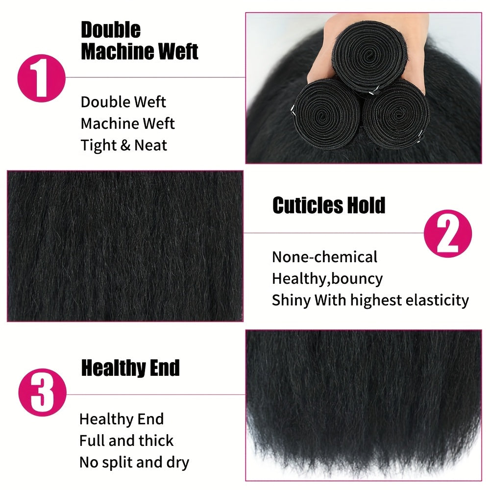 3 Bundles Yaki Straight Human Hair Extensions - 100% Unprocessed Brazilian Virgin Remy Hair, Kinky Straight Texture, Natural Black Color for, Styling Versatility, Naturallooking Hairline, Silky Smooth Texture