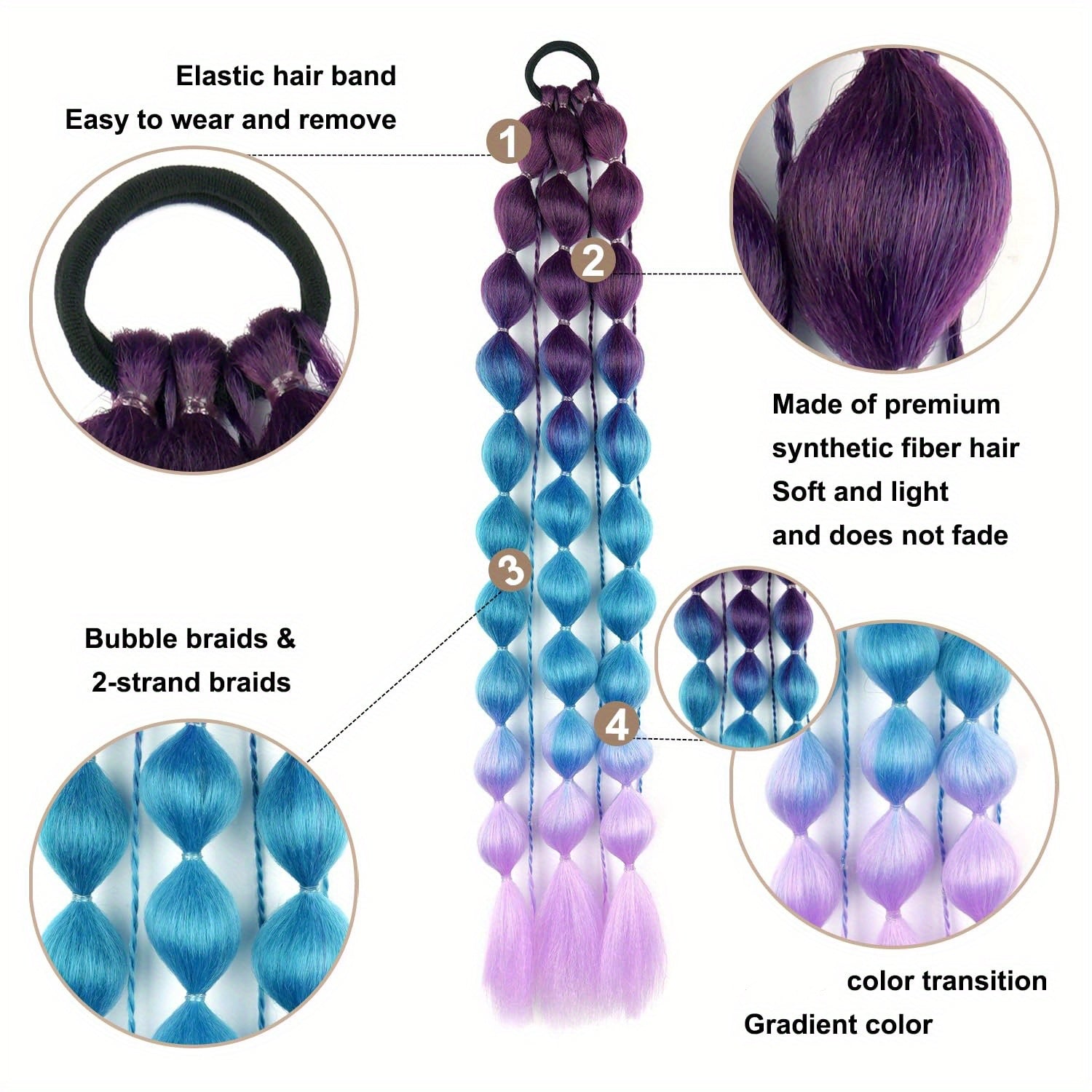 2pcs Vibrant Ombré Ponytail Extensions - 60.96 cm Lightweight, Colorful Braided Hair Accessories for Women, Perfect for Parties, Festivals, and Rave Events, Festival Hair Accessory | Vibrant Hair Extensions | Lightweight Extensions, Hair Accessories