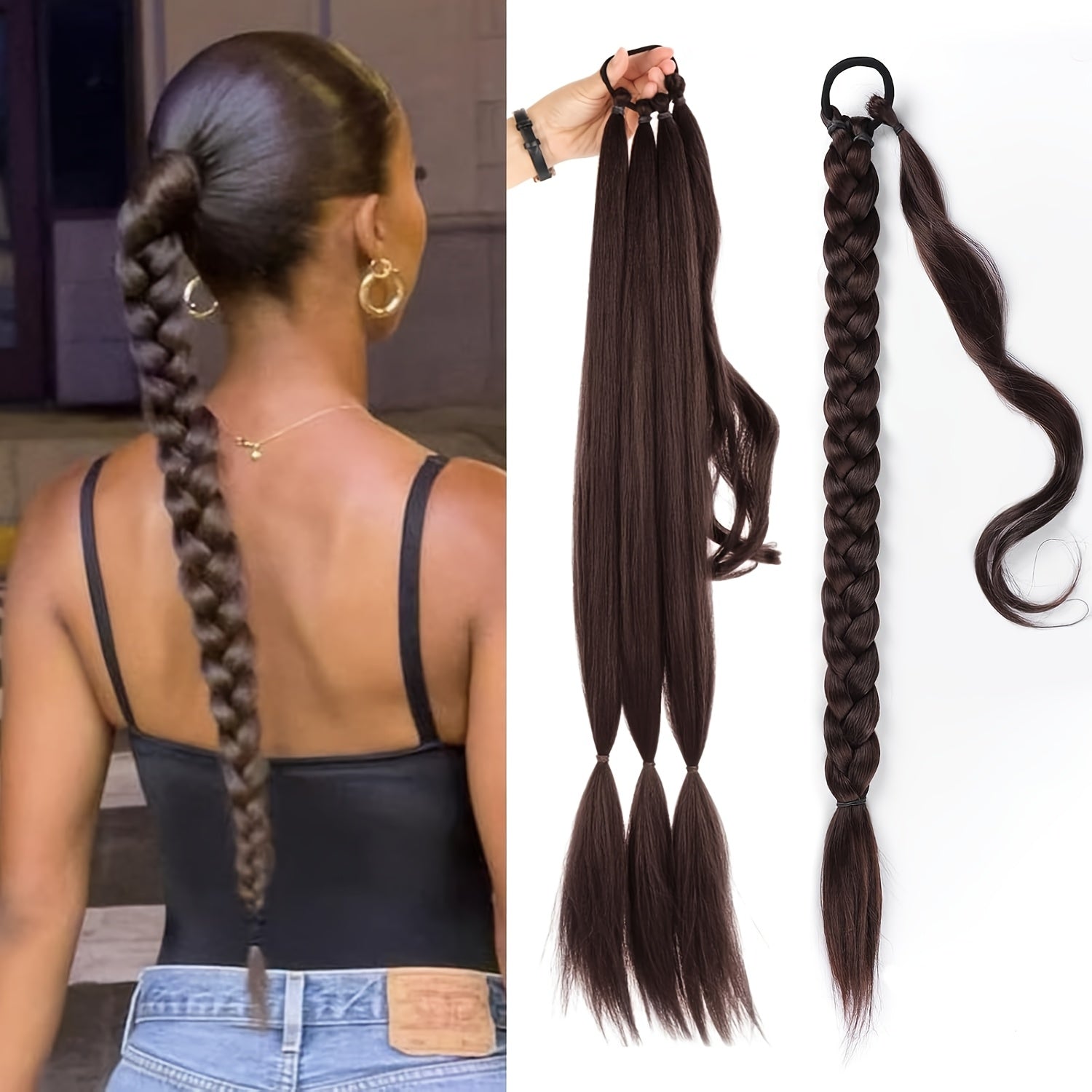 Extend the ends of the braided ponytail hairstyle. Suitable for all four seasons. Long straight hair wrapped ponytail wig. Natural and soft artificial hair strands. Suitable for ladies' daily wear.