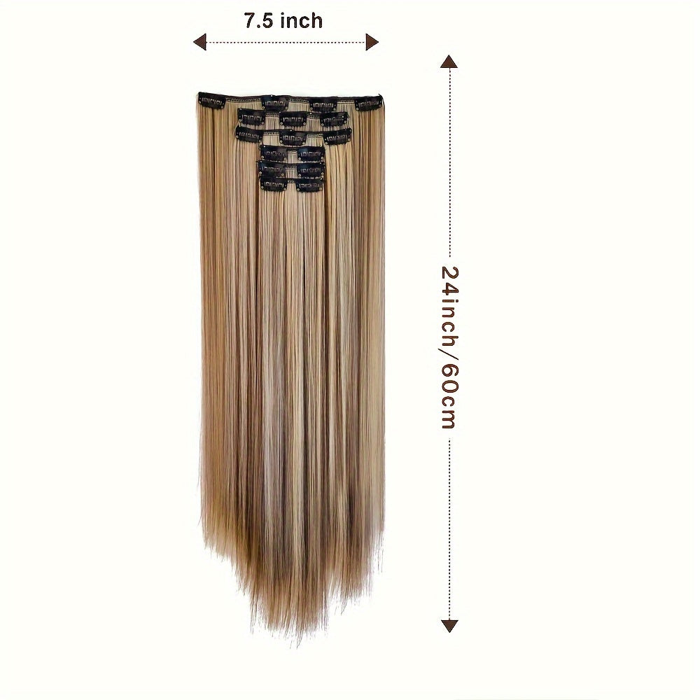 Thick Long Clip In Hair Extensions, Lightweight Synthetic Hairpieces For Women, Chocolate Brown With Golden Blonde Highlights, Hair Clips Hair Accessories