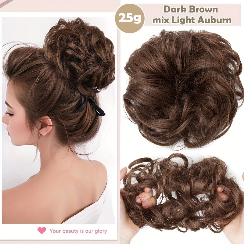 Heat-Resistant Synthetic Fiber Messy Bun Short Curly Ponytail Extension with Elastic Band - Secure Clip-In Hairpiece for Women with Thinning Hair, Natural Volume & Warm Brown/Blonde/Black/Red/Beige/Champagne Blonde Options, Hair Accessories