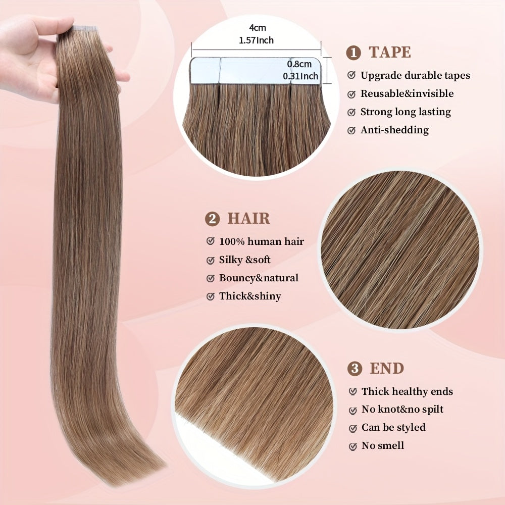20pcs Straight Tape In 100% Human Hair Extensions 4/27Highlight Human Hairy Seamless Invisible for Thin Hair Woman Top Quality Thick Ends Healthy and Durable Human Hair Extensions Invisible Tape in for Salon Random Packaging Box: Pink or Green