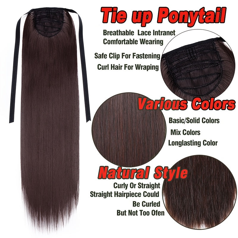 Long Soft Tie Up Ponytail Straight Hair Piece Clip In Hair Extensions 22inch/55cm Wrap Around Binding Pony Tail Hairpiece Drawstring Pony Tails for Women Party Festival Christmas Halloween Daily Use