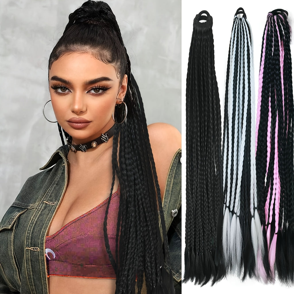 Y2K-Inspired Colorful Braided Hair Extensions with Elastic Bands - 24" Synthetic Ponytail for Women, Perfect for Street Dance & Music Festivals