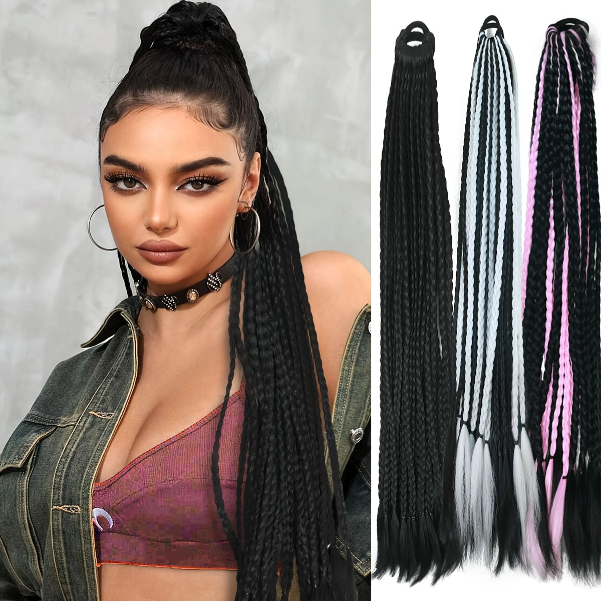 Y2K-Inspired Colorful Braided Hair Extensions with Elastic Bands - 24" Synthetic Ponytail for Women, Perfect for Street Dance & Music Festivals