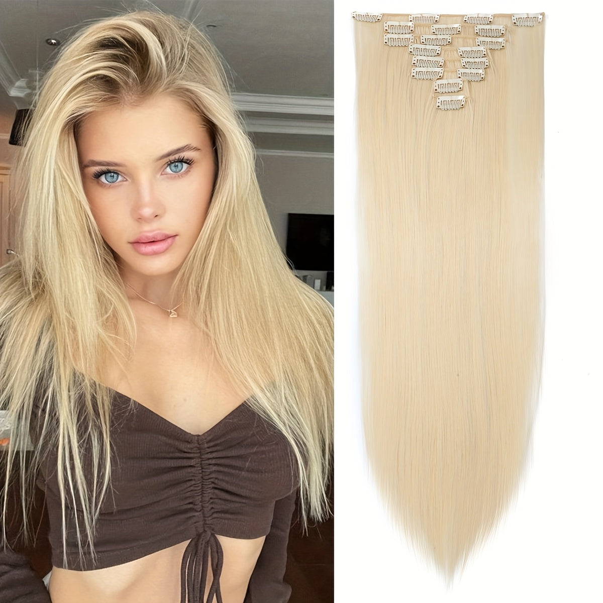 Benehair HAIR Hair Extensions Clip In 8pcs 18 Clips Synthetic Fiber Seamless 58.42cm Long Straight Full Head