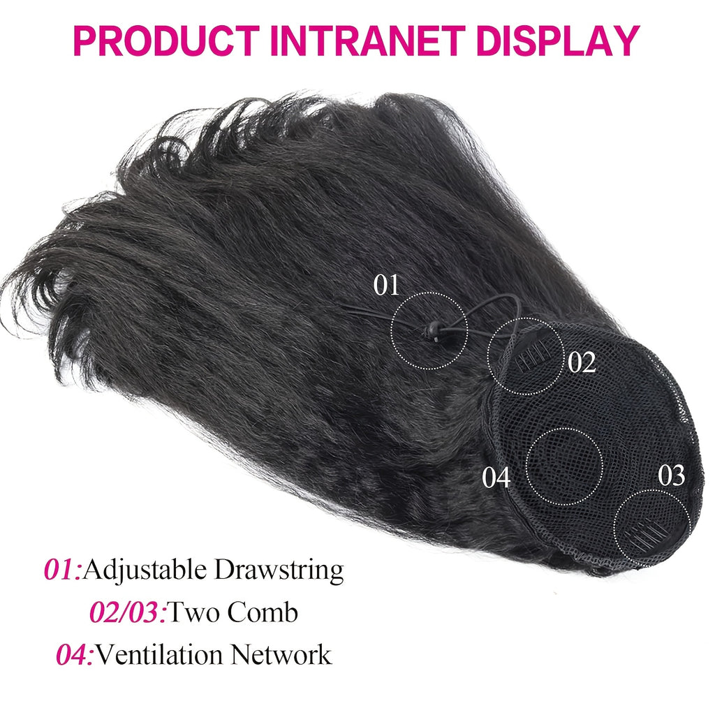 Heat-Resistant Synthetic Yaki Straight Ponytail Extension Tail - 16 Inch Natural Black Drawstring Ponytail Hair for Women, Elegant Bun Hairpiece for Weddings, Parties & Daily Use, Ponytail Hair Extensions