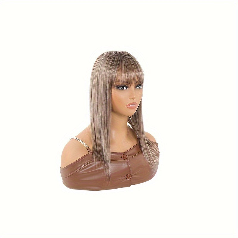 14-Inch Synthetic Hair Topper for Women with Bangs - Clip-In Straight Hairpiece for Thinning Hair, Large Base Wiglet, Black with Highlights, Versatile Style for All Ethnicities, Hair Accessories