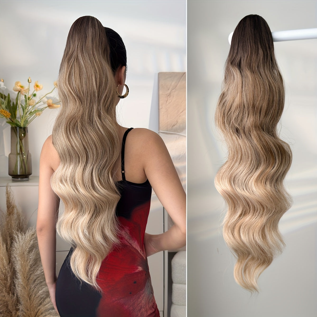 71.12cm Long Wave Synthetic Hair Extensions - Black, Brown, Orange, Red Ponytail Clips with Drawstring, Body Wave Design for Daily Use, Parties, Halloween, Christmas, Hair Accessories, Party Hair Extensions, Festive Hairpiece, Secure Clip Attachment