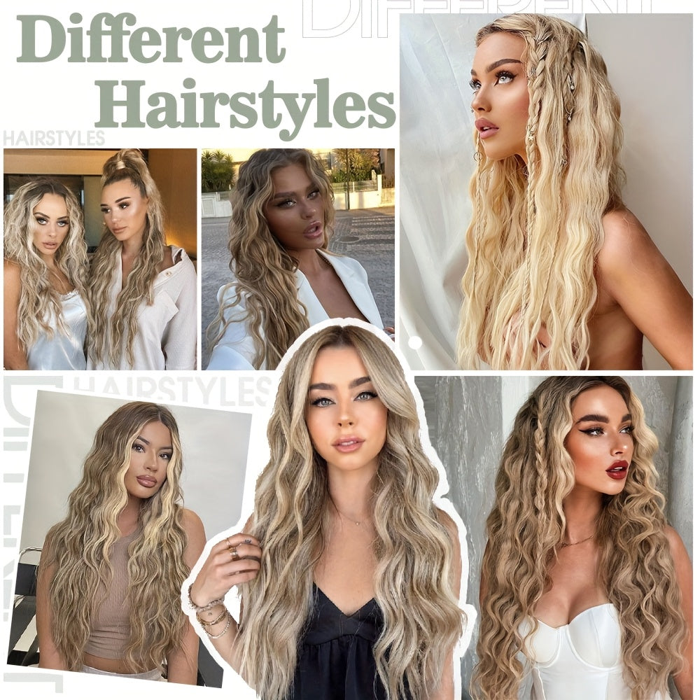 60.96 cm Clip In Hair Extensions 4pcs Long Curly Wavy Thick Highlighted Clip In Hairpieces Synthetic Hair Extension For Women Daily Halloween Use, Dark Ash Blonde Mixed Bleach Blonde, Black Balayage