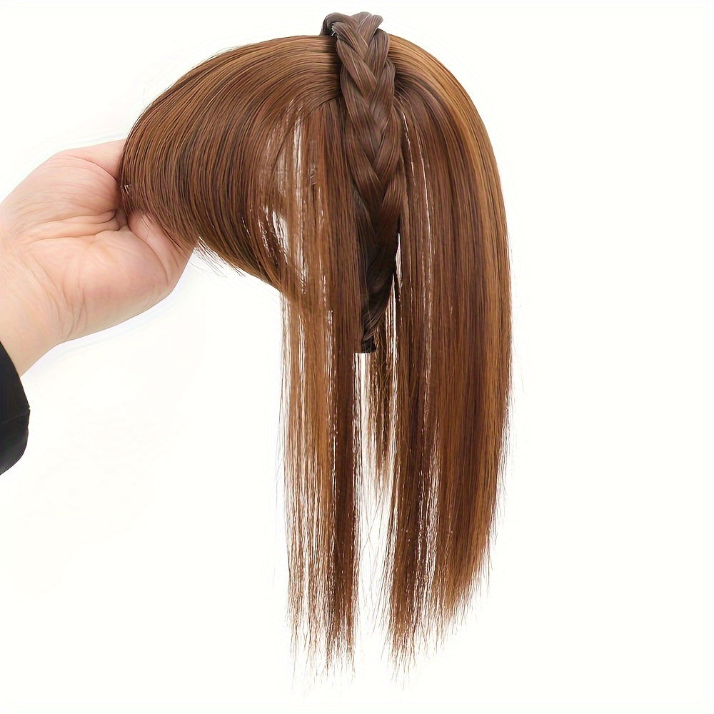 Chic Braided Headband with Clip-In Hair Topper & Bangs - Natural Look Synthetic Straight Hair Extensions for Women, Perfect for Casual Attire, Hair Accessories