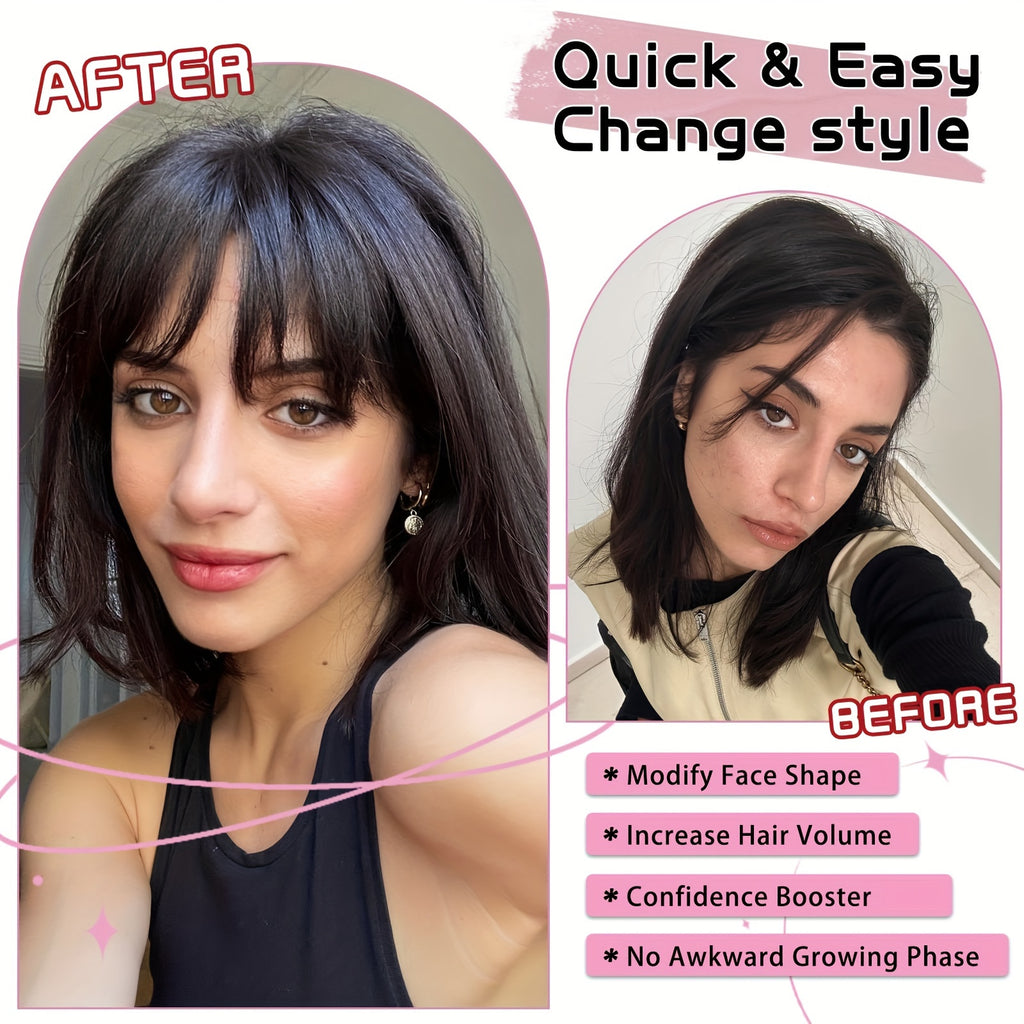 BIGTRSE 360° 3D Bangs Hair Clip - 100% Real Human Hair Topper with Straight Bangs & Side Swept Bangs, Natural Look for Women, Easy Clip-On for Daily Wear, Versatile Hairpiece, Sleek Hairpiece, Secure Hairpiece