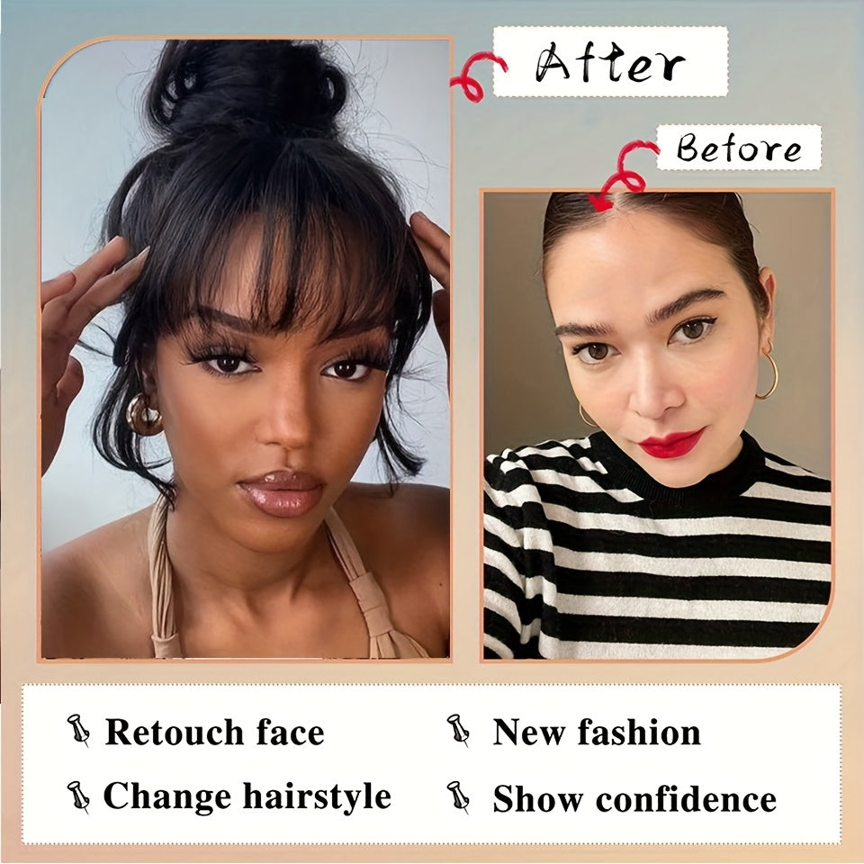 Fringe Air Bangs 1 with Sideburns+1 Messy Hair Bun, Hair Clip In Hair Extensions- All- Handmade Textile Process Heat Resistant Hairpieces for Women/ Girls, Upgrade Your Look Instantly
