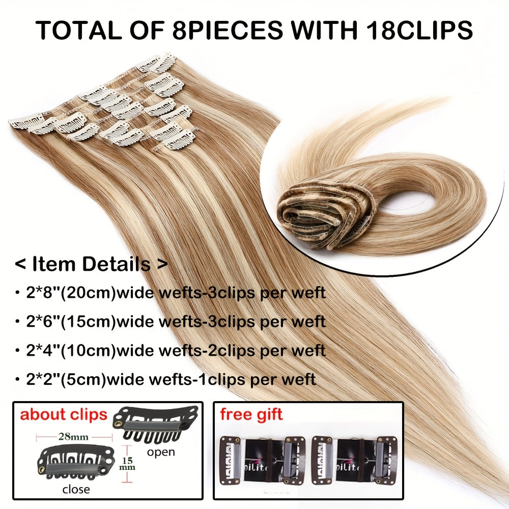 [Soft Human Hair Extensions] 8pcs 18 Clips Clip In Hair Extensions | 16-24 Inch Soft & Natural Straight Human Hairpieces for Women - Adding Volume & Beauty