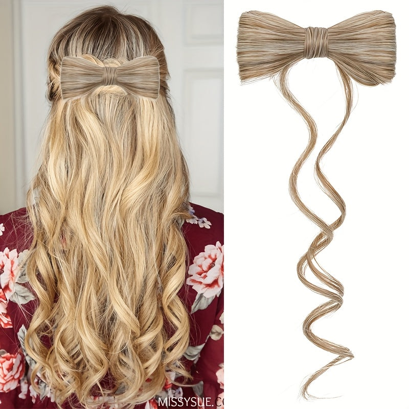 Elegant Bowknot Hairpiece with 35.56cm Natural Curly Synthetic Ponytail - Dark Brown & Blonde Highlights, Decorative Clip Barrette for Women and Girls - Versatile and Stylish Hair Accessory, Hair Accessories