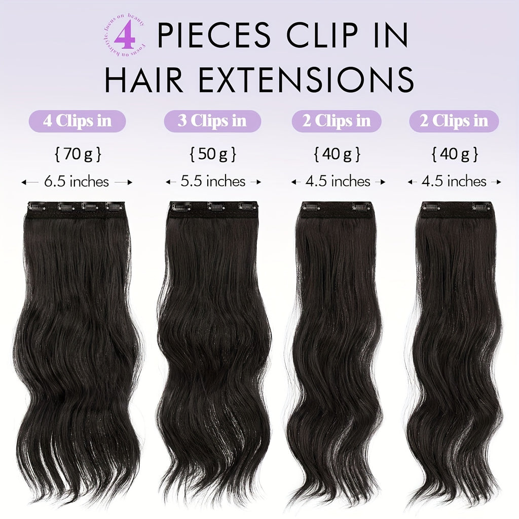 4pcs Women'S Clip-In Hair Extensions, 50cm Long Wavy Synthetic Hair in Natural Black and Brown, Soft High-Temperature Fiber for Everyday and Party Use, Party Hair Accessories, Elegant Hairpiece, Secure Clip Attachment