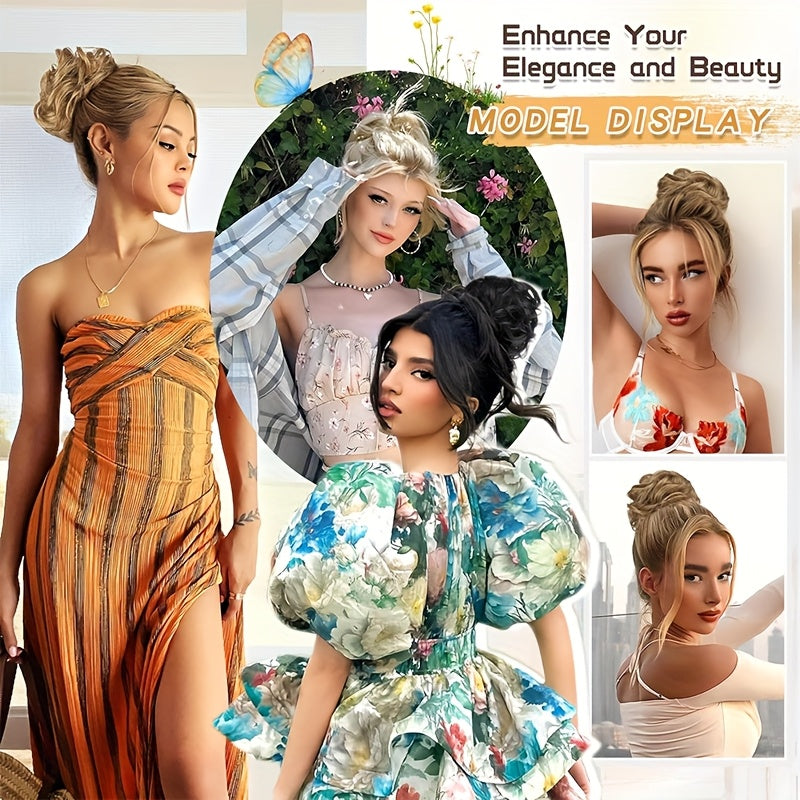 Heat-Resistant Synthetic Fiber Messy Bun Short Curly Ponytail Extension with Elastic Band - Secure Clip-In Hairpiece for Women with Thinning Hair, Natural Volume & Warm Brown/Blonde/Black/Red/Beige/Champagne Blonde Options, Hair Accessories