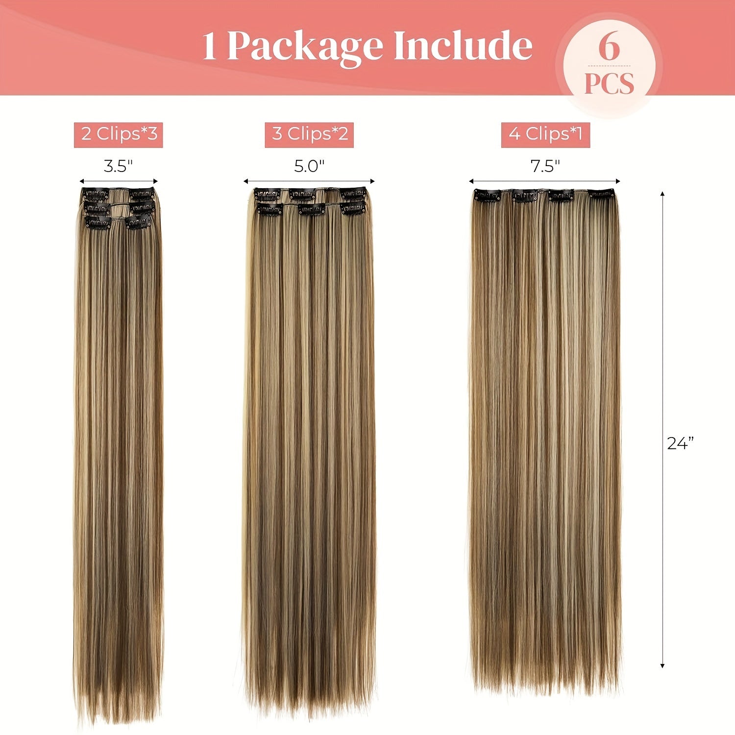Thick Long Clip In Hair Extensions, Lightweight Synthetic Hairpieces For Women, Chocolate Brown With Golden Blonde Highlights, Hair Clips Hair Accessories