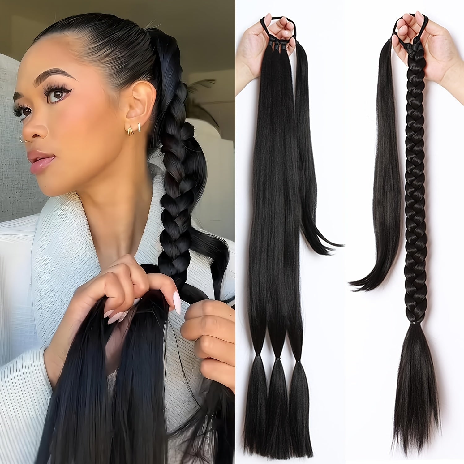 Extend the ends of the braided ponytail hairstyle. Suitable for all four seasons. Long straight hair wrapped ponytail wig. Natural and soft artificial hair strands. Suitable for ladies' daily wear.