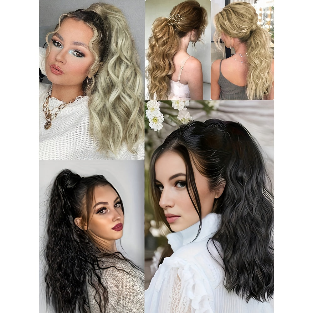 20-Inch Curly Wavy Ponytail Extension in Dirty Blonde, Made from High-Strength Synthetic Fibers for Women.