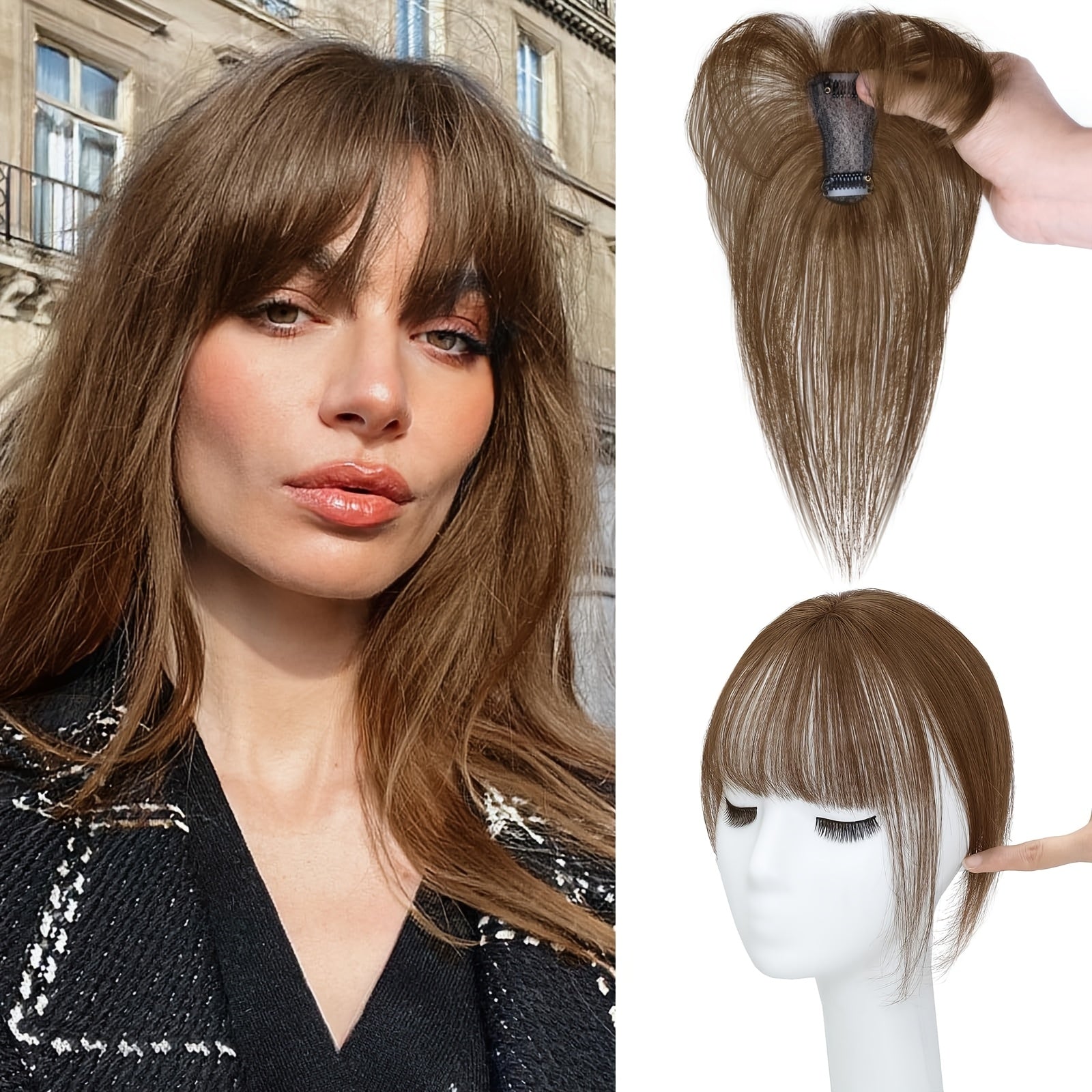 BIGTRSE 360° 3D Bangs Hair Clip - 100% Real Human Hair Topper with Straight Bangs & Side Swept Bangs, Natural Look for Women, Easy Clip-On for Daily Wear, Versatile Hairpiece, Sleek Hairpiece, Secure Hairpiece