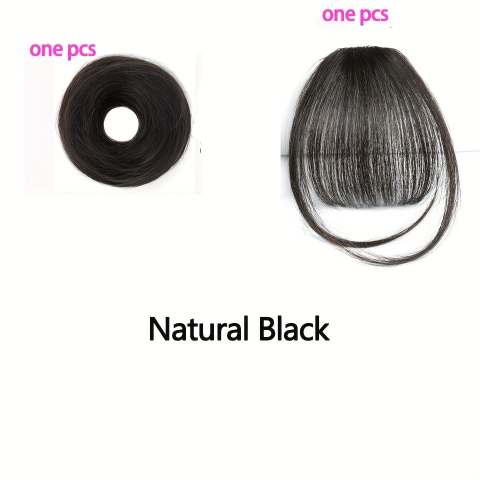 Fringe Air Bangs 1 with Sideburns+1 Messy Hair Bun, Hair Clip In Hair Extensions- All- Handmade Textile Process Heat Resistant Hairpieces for Women/ Girls, Upgrade Your Look Instantly