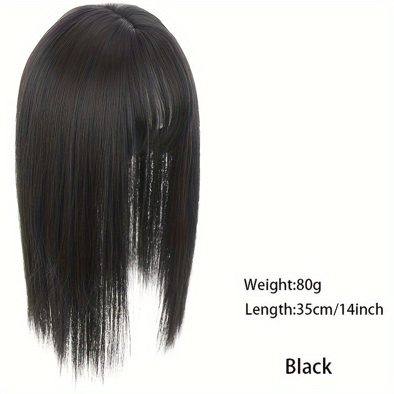 14-Inch Synthetic Hair Topper for Women with Bangs - Clip-In Straight Hairpiece for Thinning Hair, Large Base Wiglet, Black with Highlights, Versatile Style for All Ethnicities, Hair Accessories