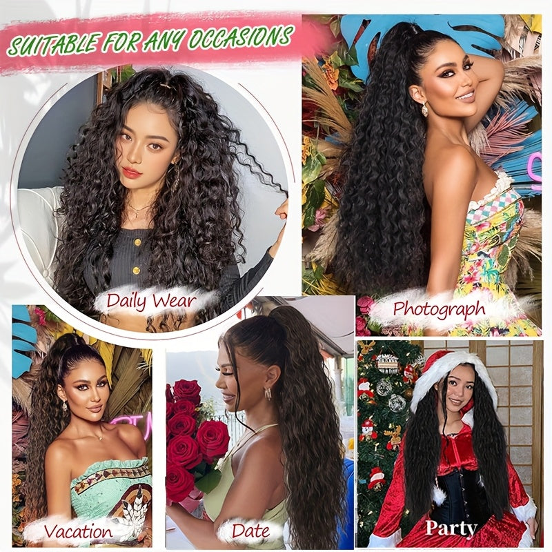 Extra Long Ponytail Extension 81.28 cm Deep Wavy Curly Drawstring Pony Tail Extensions Softer Fluffy Synthetic Clip In Hair Extensions Brown Blonde Highlight Hairpiece For Women Daily Halloween Use Part