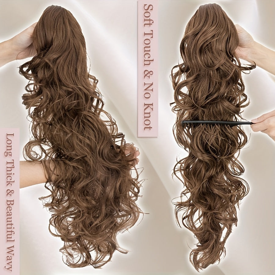 Claw On Ponytail Extensions with Drawstring Long Thick Wavy Clip In Hair Extension 24inch/60cm Ponytail Curly Hairpieces Jaw Ponytail Extensions Black Brown Blonde Mix Color Drawstring Ponytail Synthetic Soft Hairpiece Heat Resistant Hair Pieces Gift