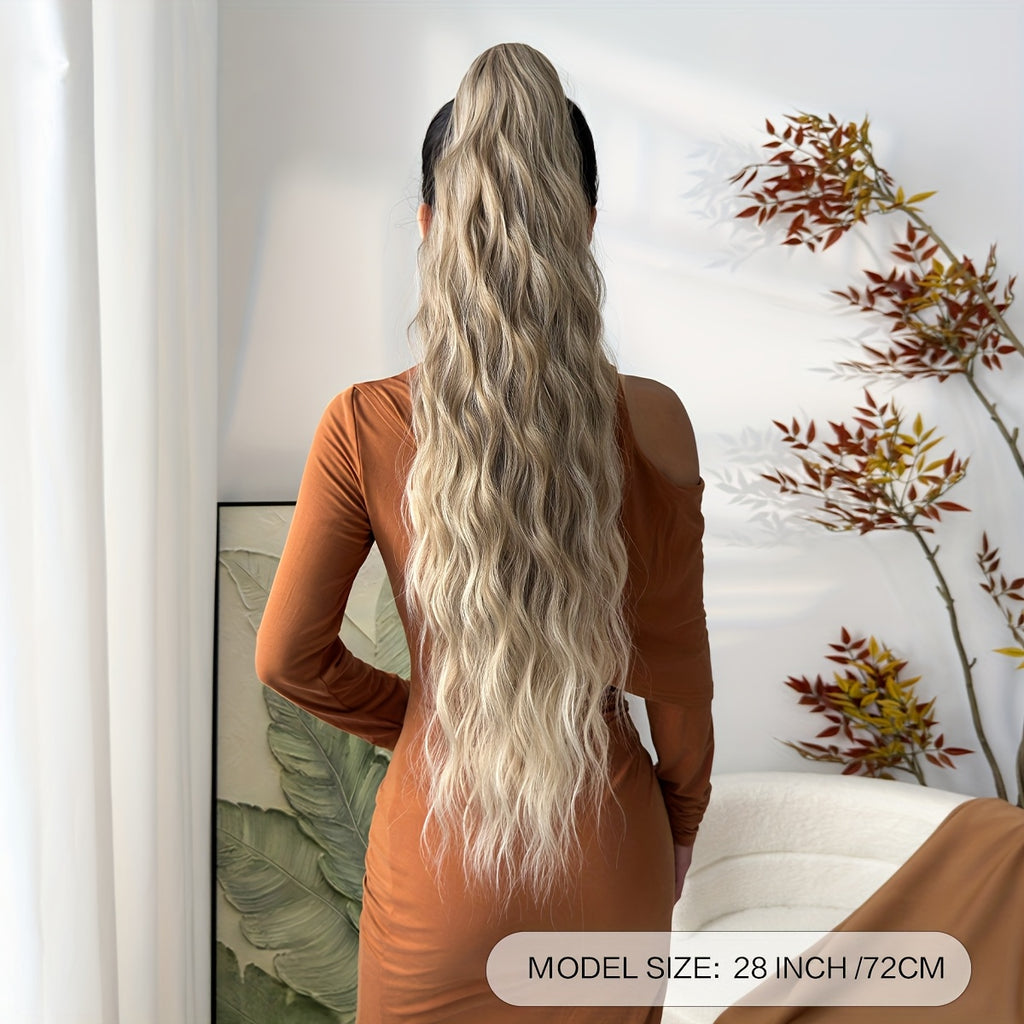 YUSULAXI 28" Ombre Claw Clip Ponytail Extension - Water Wave Synthetic Hairpiece in Light Brown, Heat-Resistant Fiber for Women with Short Hair, Daily Use Accessory, Ponytail Hair Extensions, Versatile Hairpiece, Secure Claw Attachment