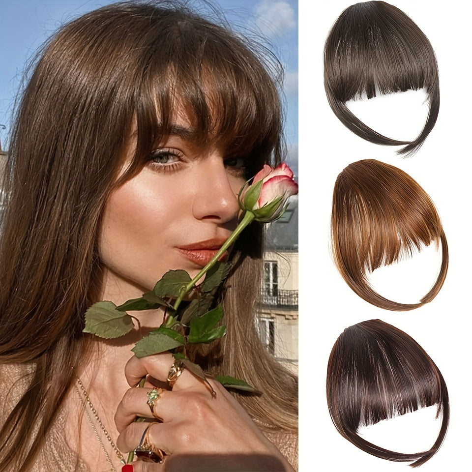 Women's Clip-In Synthetic Hair Bangs Extensions - Straight Hair Fringe with Volume Boost Hairpieces, Easy to Wear for All Occasions, Basics Style in Brown